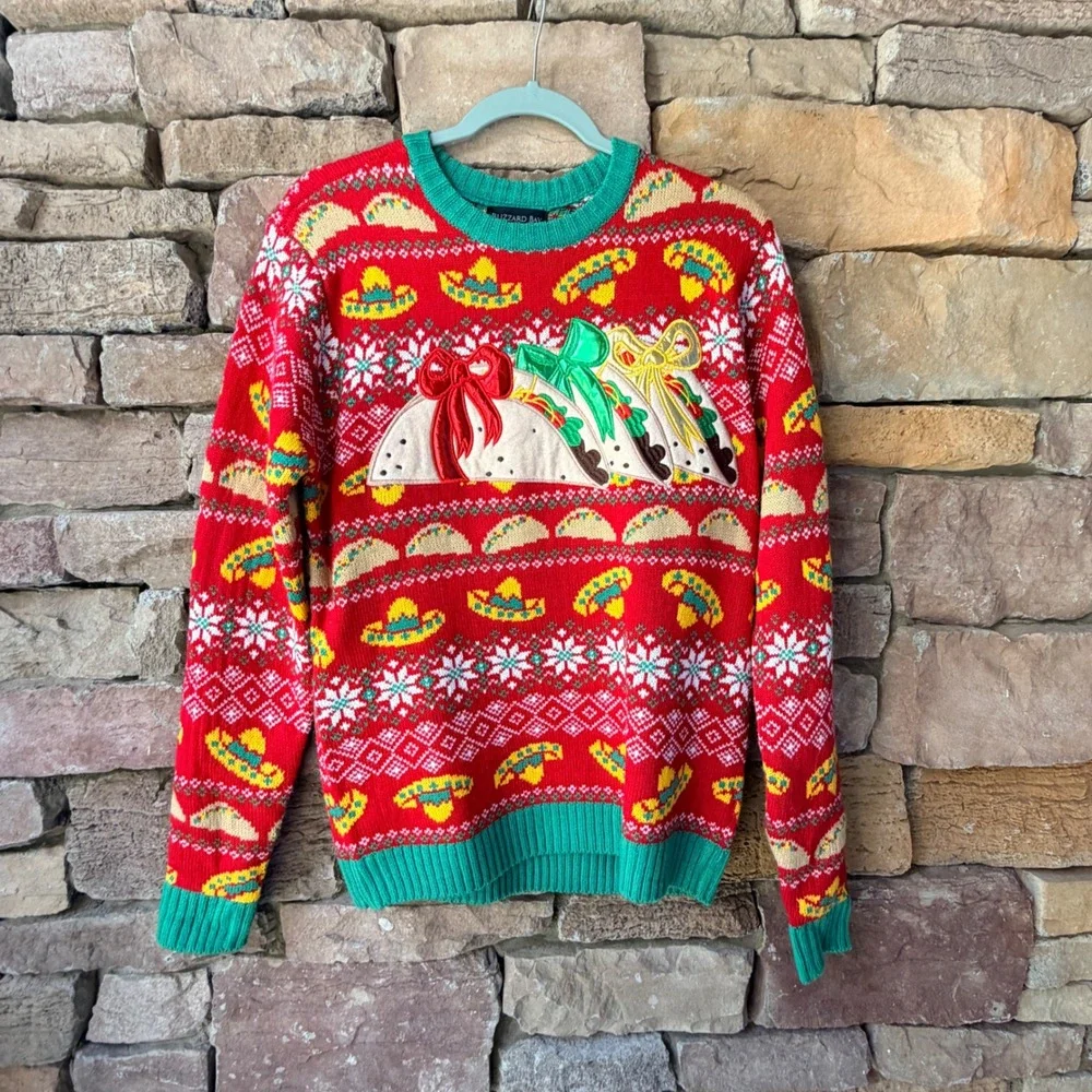 Blizzard Bay Men Small Sweater Taco Sombrero Ugly Christmas Red Green Oversized